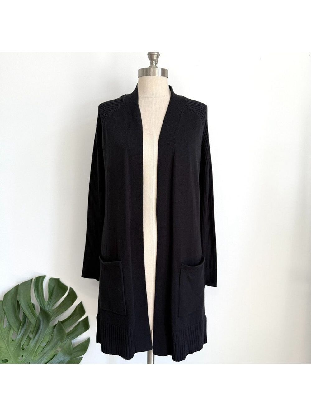 Greige Open Front Knit Cardigan Women's Small Black Longline Lightweight